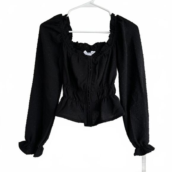 Dobby Dot Blouson Long Ruffle Sleeve Sweetheart Top And Now This Black NWT XXS - Picture 2 of 6